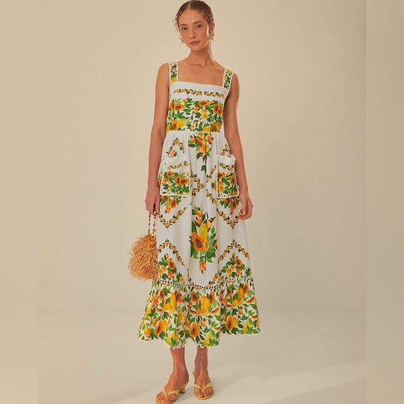 Farm Rio Papaya Salad Scarf Tie Back Midi Dress NWT - Picture 2 of 16